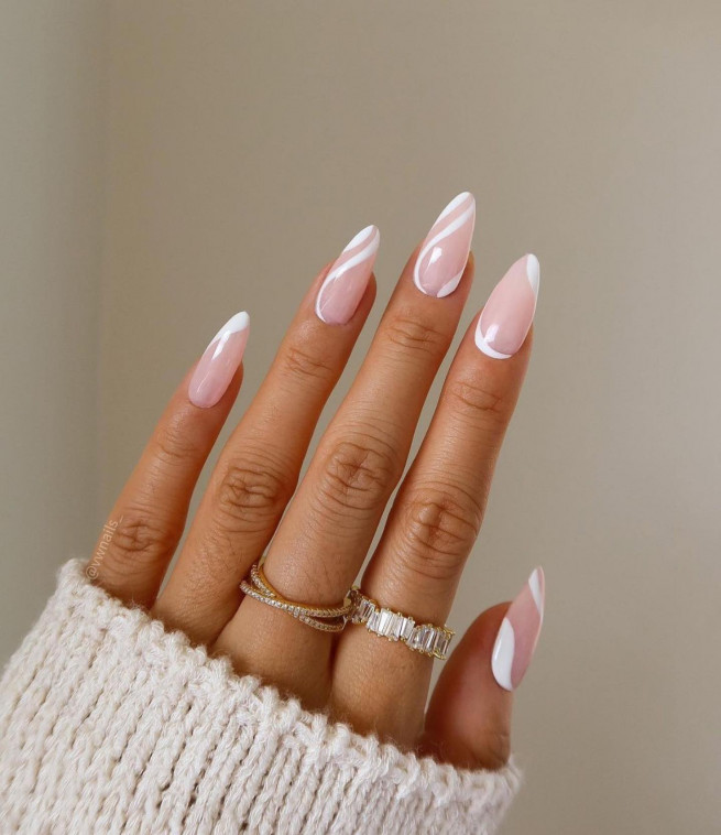 35 Nude Nails With White Details Swirl Almond Sheer Nails I Take You