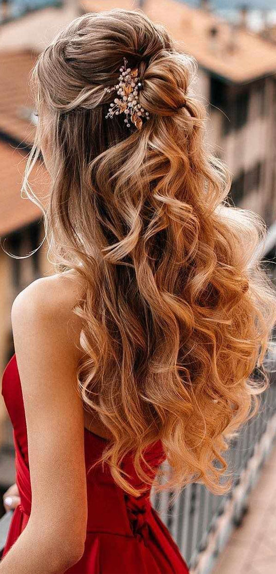 curly hairstyles with bangs half up