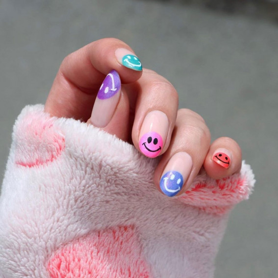 40 Best Summer Nails You’ll Look Forward To Trying : Different Colour Smiley Face Tip Nails