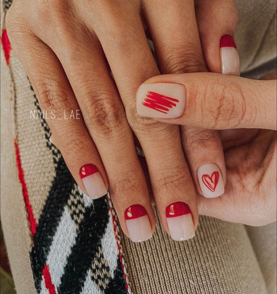 40 Best Summer Nails You’ll Look Forward To Trying : Love Heart + Colour Block Red Nails