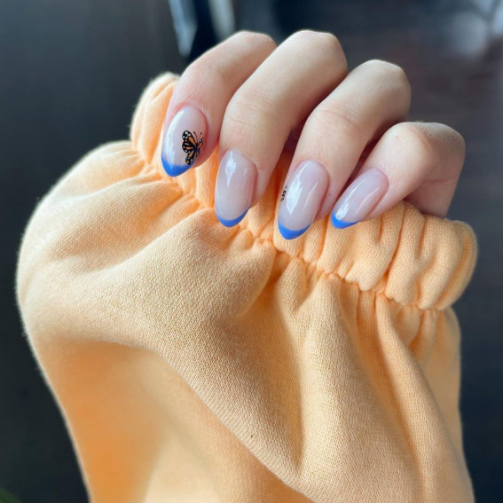 40 Best Summer Nails You’ll Look Forward To Trying : Blue French Tip Almond Nails with Butterfly
