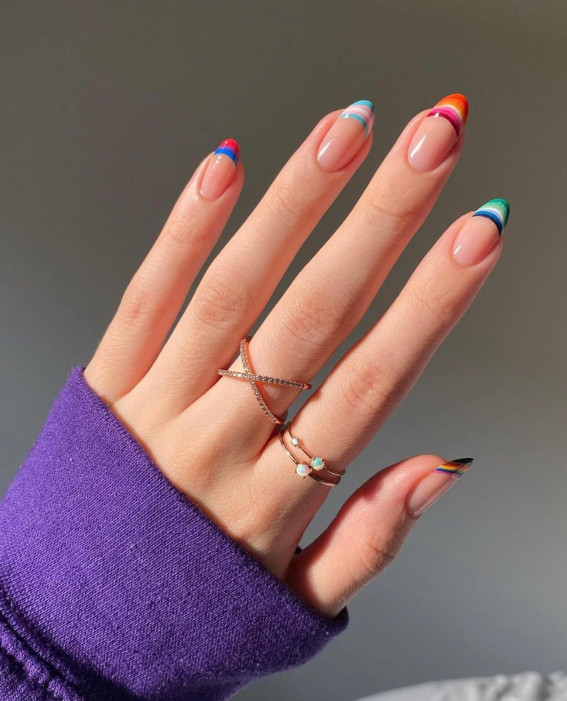 50 Cute Summer Nails 2022 : Colorful Rainbow French Tip Nails