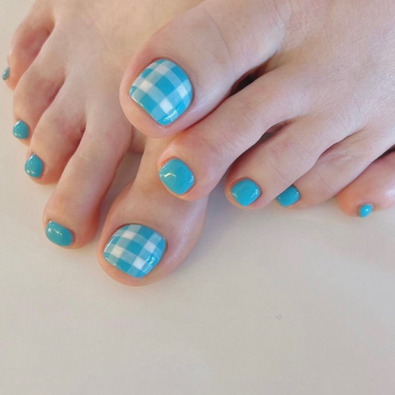43 Cute Toe Nail Designs : Blue Gingham Toe Nails
