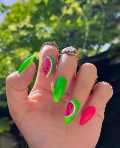 32 Cute Watermelon Nail Design Ideas : Bright Green + Watermelon Nails ...