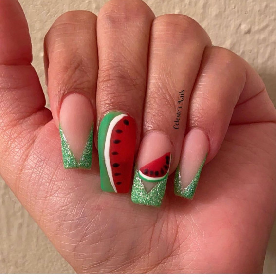32 Cute Watermelon Nail Design Ideas : Watermelon Shimmery Green V Tip Nails