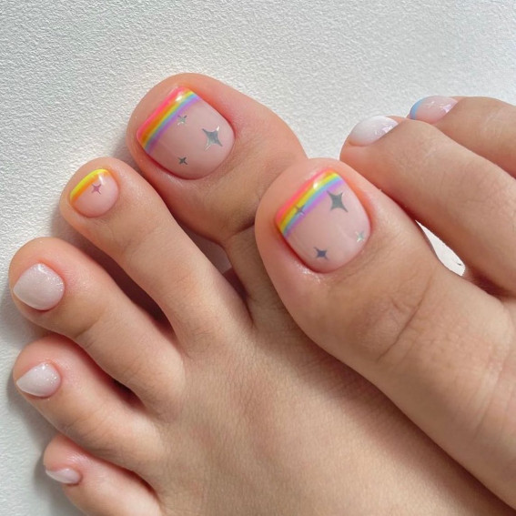 37 Crazy Cute Pedicure Designs : Rainbow French Tip Toe Nails