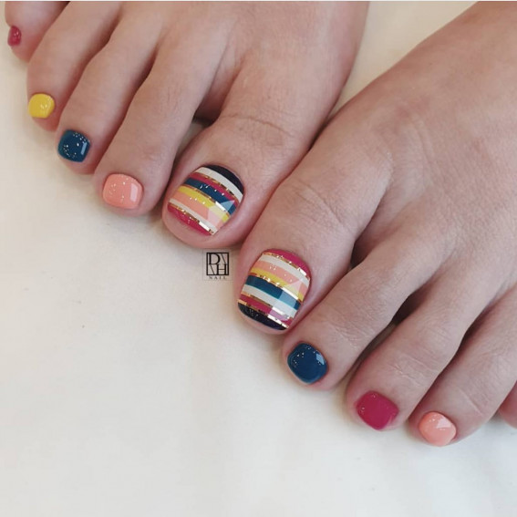 37 Crazy Cute Pedicure Designs : Multi Coloured Toe Nails