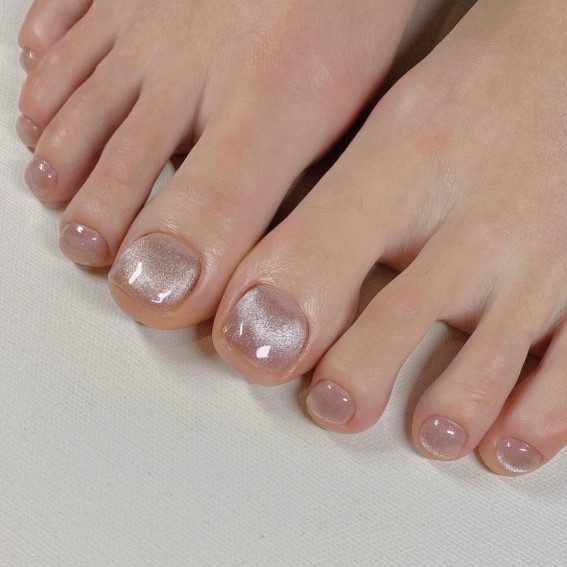 43 Cute Toe Nail Designs : Shimmery Chrome Nude Toe Nails