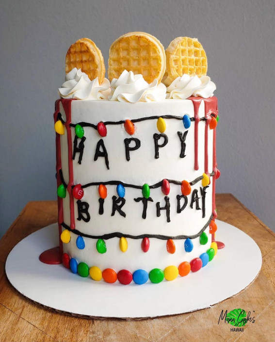 30 Stranger Things Birthday Cake Ideas : Strawberry Drips + Waffle Topper