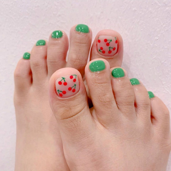 cherry toenails, green toenails, cute toe nail designs, trendy toenails, trendy toe nail designs, summer toe nail colors, summer pedicure designs, bright summer toe nails