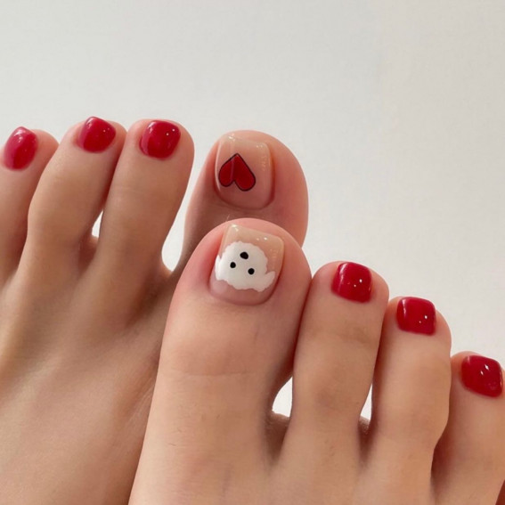 Puppy & Love Heart Red Toenails, red pedicure, trendy toe nail colors, summer toenails, trendy pedicure designs