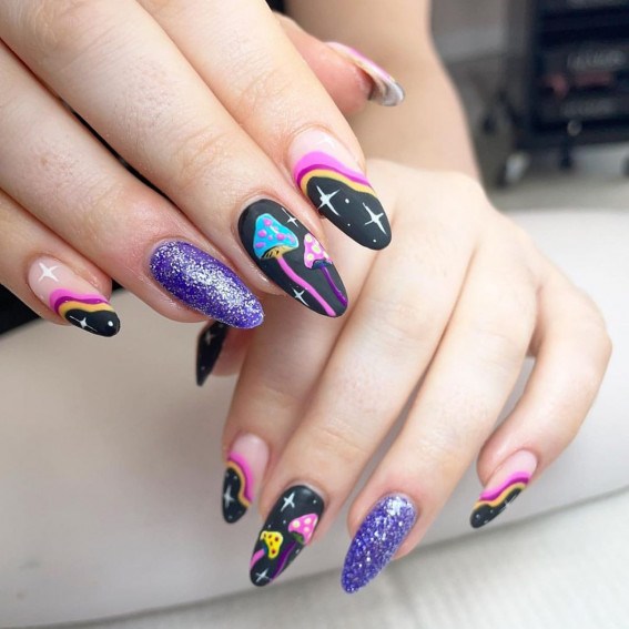 32 Mushroom Nail Art Designs : Shimmery Purple and Black Mushroom Nails