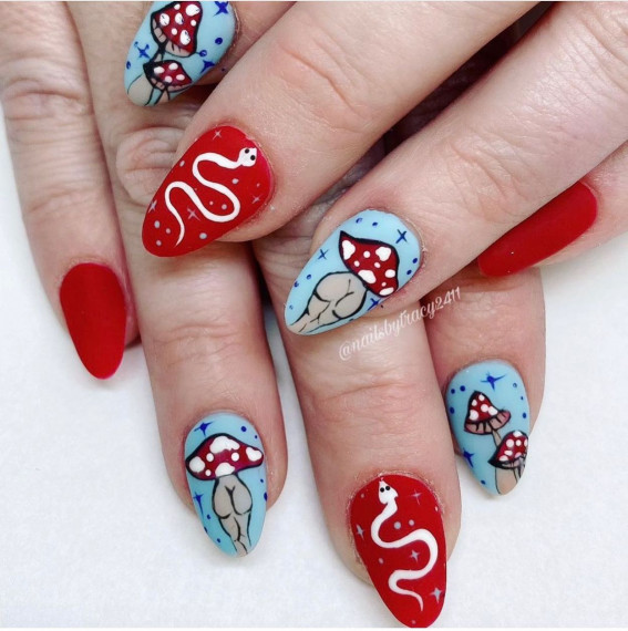 32 Mushroom Nail Art Designs : Blue and Red Mushroom Nails