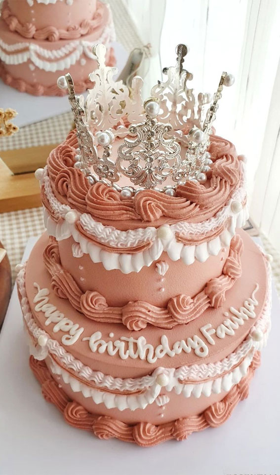 50 Cute Buttercream Cake Ideas for Any Occasion : Pink Retro Two-Tiered Cake For Little Princess