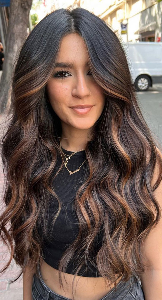50 Stunning Hair Colour Ideas to Rock in 2022 : Dark Hair with Copper  Highlights I Take You, Wedding Readings, Wedding Ideas, Wedding Dresses