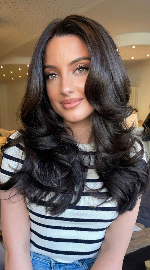 50 Stunning Hair Colour Ideas to Rock in 2022 : Long Layered Dark Hair with Bangs