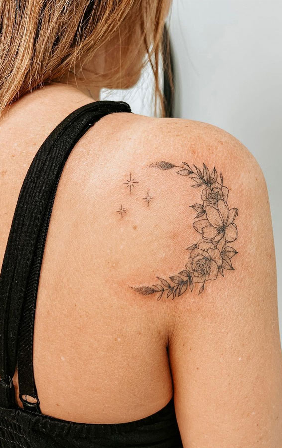 75 Unique Small Tattoo Designs & Ideas : Rose & magnolia floral moon