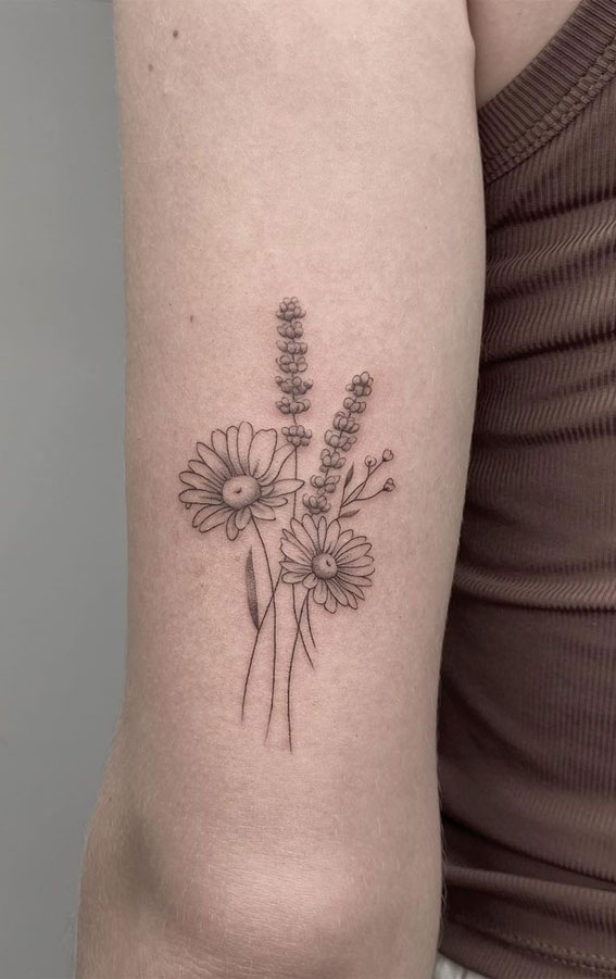 30+ Beautiful Flower Tattoo Ideas : A Bunch of Daisy & Lavender Tattoo