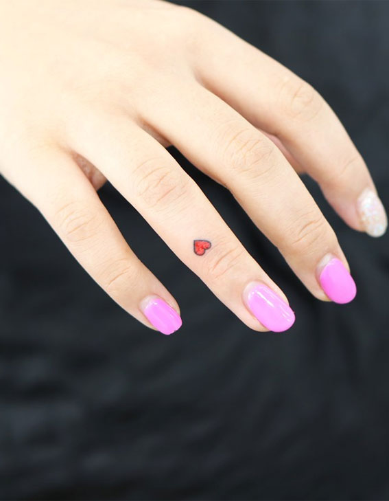 70+ Beautiful Tattoo Designs For Women : Little Red Love Heart on Finger
