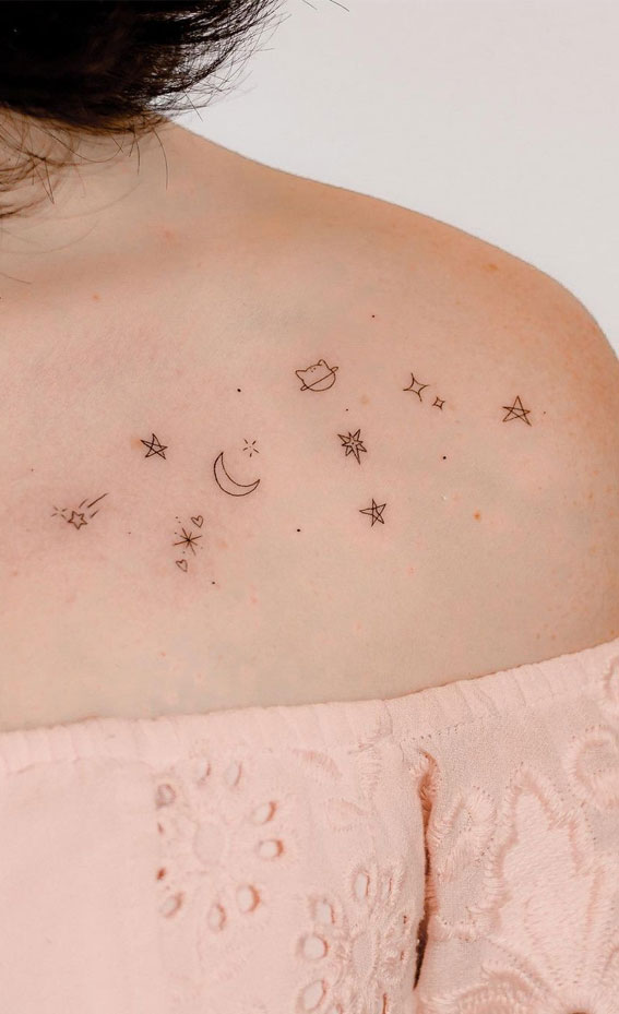 70+ Beautiful Tattoo Designs For Women : Moon & Star Shoulder Tattoo