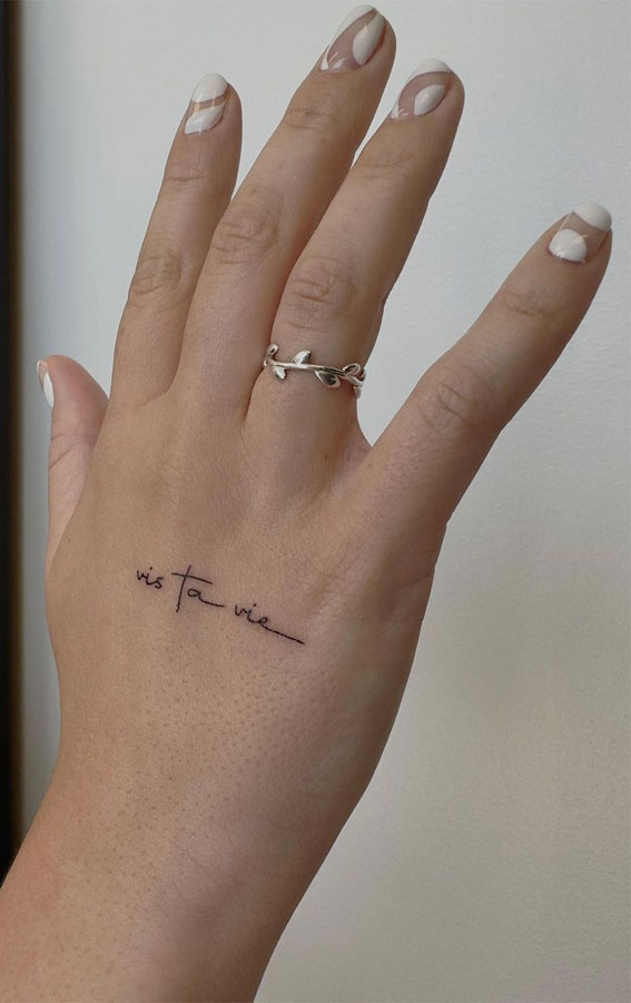 50 Small Tattoo Ideas Less is More : Minimal Script Tattoo on Hand