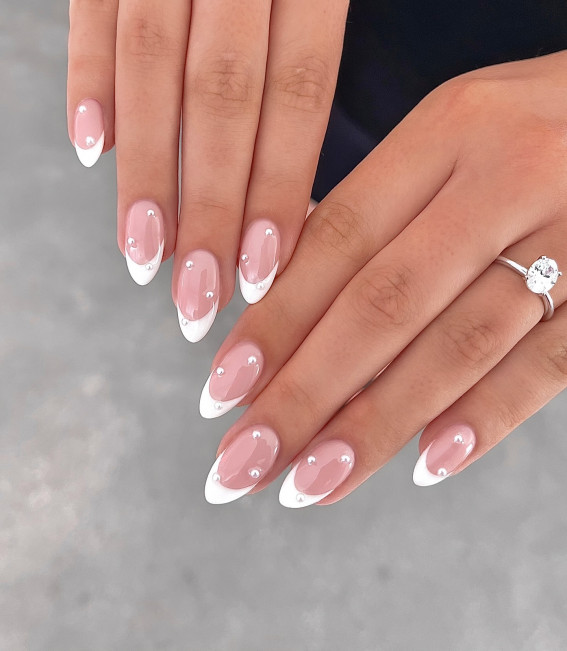 classic french tip nails with pearls, bridal nails, wedding nails, french tip nails