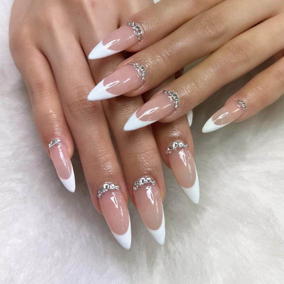 classic french tip nails with pearls, bridal nails, wedding nails, french tip nails