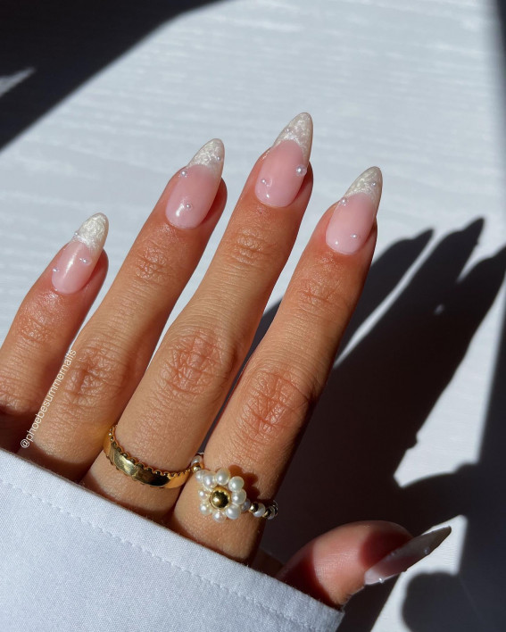 pearl french tip nails, wedding nails french ombre, French tip wedding nails short, French tip wedding nails with glitter, French tip wedding nails simple, nail designs, french tip with color, french manicure, wedding nails, classy wedding nails, french wedding nails, classic french nails with a twist