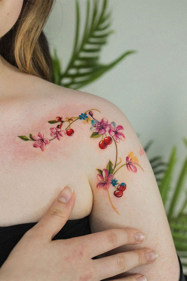 cherry blossom and cherry tattoo, intricate tattoo