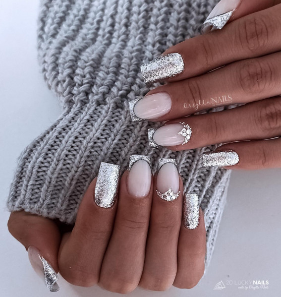 silver glitter nails, classy nails, elegant nails, silver french tip nails, glitter french tip nails