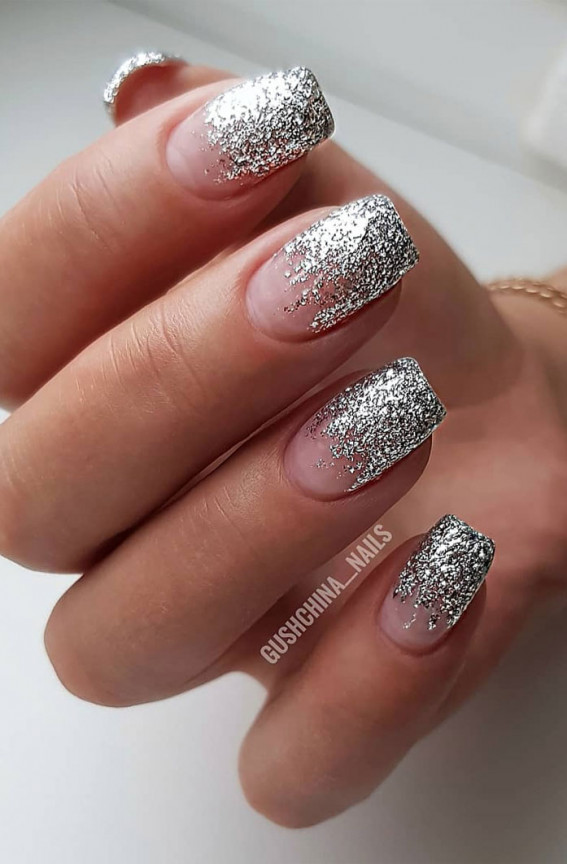 silver glitter nails, classy nails, elegant nails, silver french tip nails, glitter french tip nails