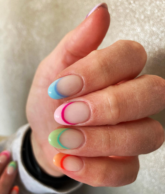 colourful double french manicure, colored french nails, colorful french tips, colorful french nails, colourful french manicure ideas, colourful french tip  manicure, colourful french tip nails, coloured french tips short nails, colored french tips almond, Colourful french manicure simple, coloured french tip acrylic nails, modern french manicure, Colourful french manicure acrylic