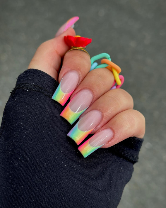 rainbow french tips, rainbow french manicure, rainbow acrylic french tip nails