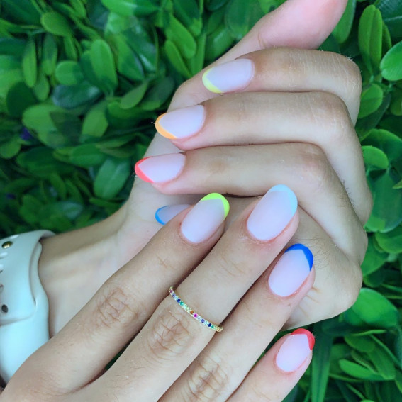 bright colored french tip nails, matte colored french manicure