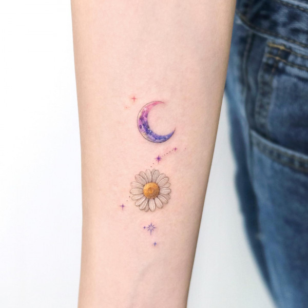 moon & daisy with Aries, aries constellation tattoo