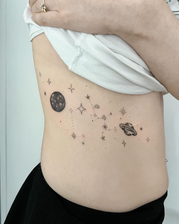 Saturn Sagittarius constellation and a full moon tattoo, Sagittarius tattoo