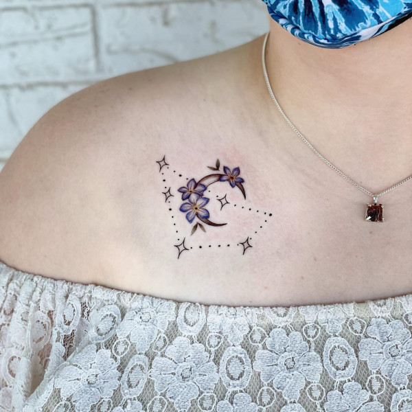 forget me not tattoo, floral moon and constellation tattoo, moon tattoo 