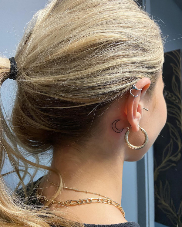 crescent moon behind ear tattoo, behind ear tattoo
