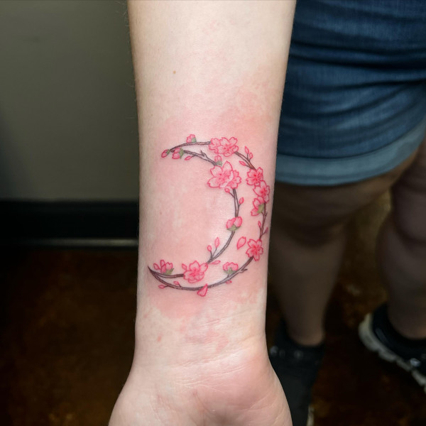 cherry blossom tattoo, cherry blossom crescent moon tattoo