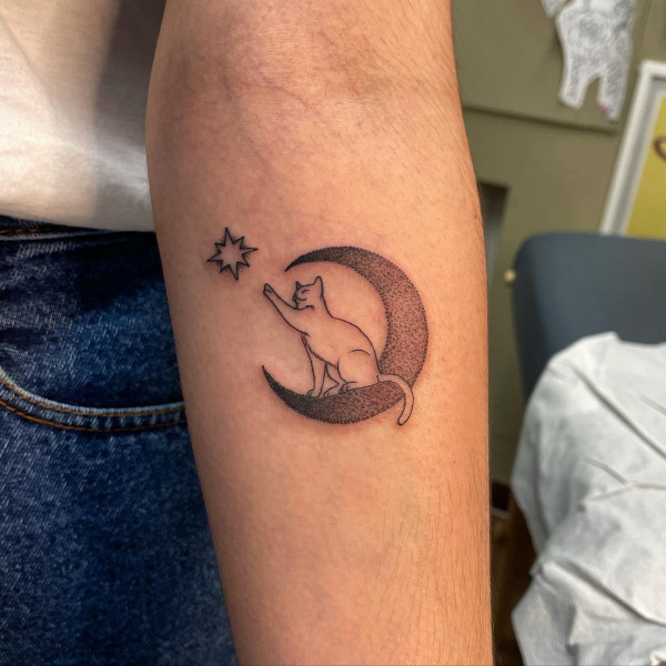 cat on the moon tattoo, crescent moon tattoo