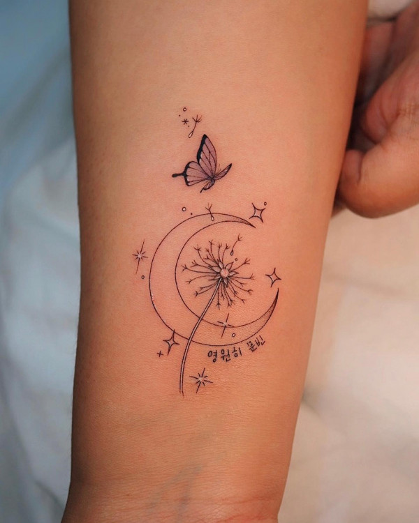 Dandelion, Crescent moon, Six stars tattoo, crescent moon tattoo