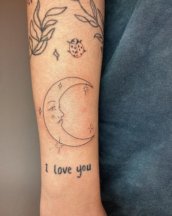 crescent moon tattoo on arm, arm tattoo, crescent moon tattoo