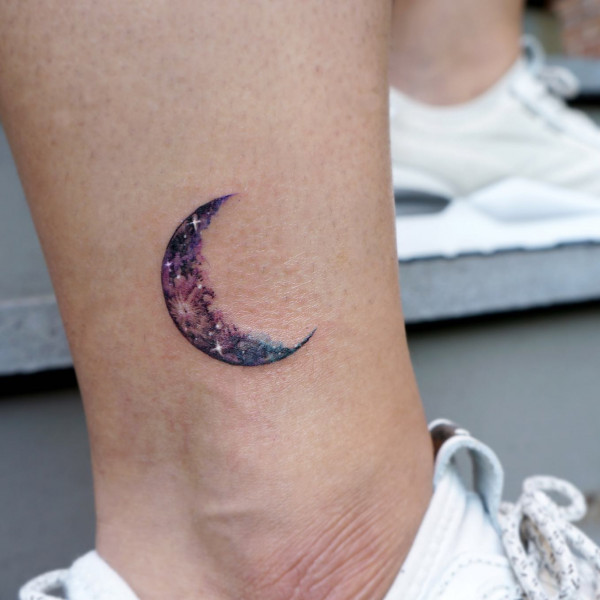Galaxy in the crescent moon tattoo, crescent moon tattoo