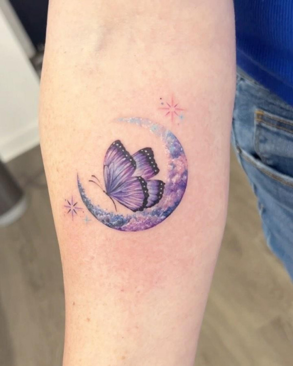 butterfly in crescent moon tattoo, moon tattoo