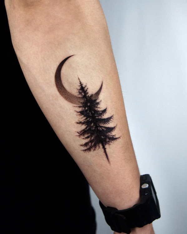 pine tree and crescent moon tattoo
