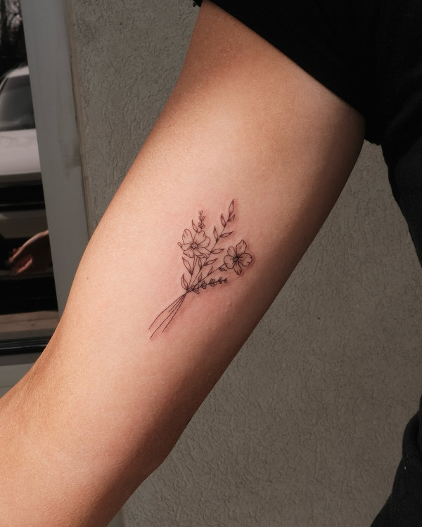 birth flower tattoos, bouquet tattoos, dainty tattoo