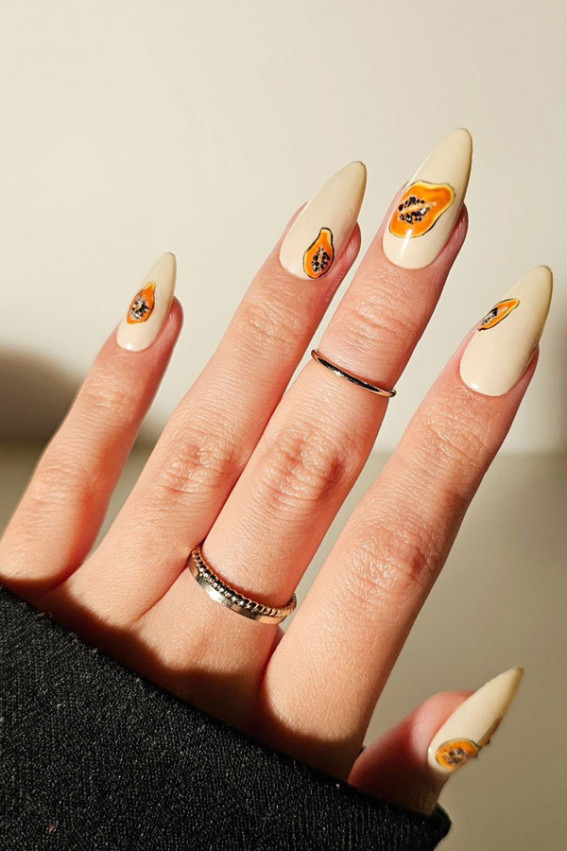 papaya nails, papaya-inspired nails, papaya nail art, fruit-inspired nail art, fruit nail designs, summer nails