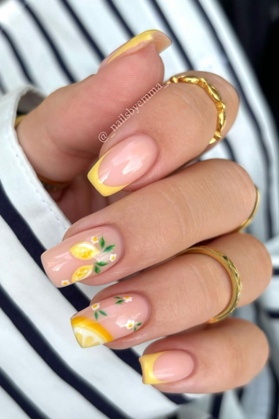 lemon nail art, lemon-inspired nail art, fruit-inspired nail art, fruit nail designs, summer nails