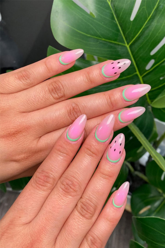 watermelon nails, watermelon-inspired nail art, fruit-inspired nail art, fruit nail designs, summer nails