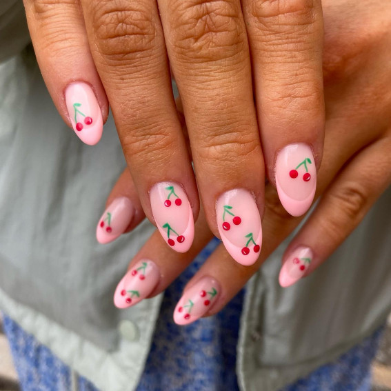 pastel pink with cherry nails, fruit nails, cherry nails